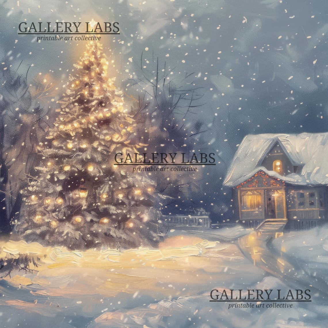 Glowing Christmas Tree Snowy Cabin Night Falling Snow Travel Poster - Image 4
