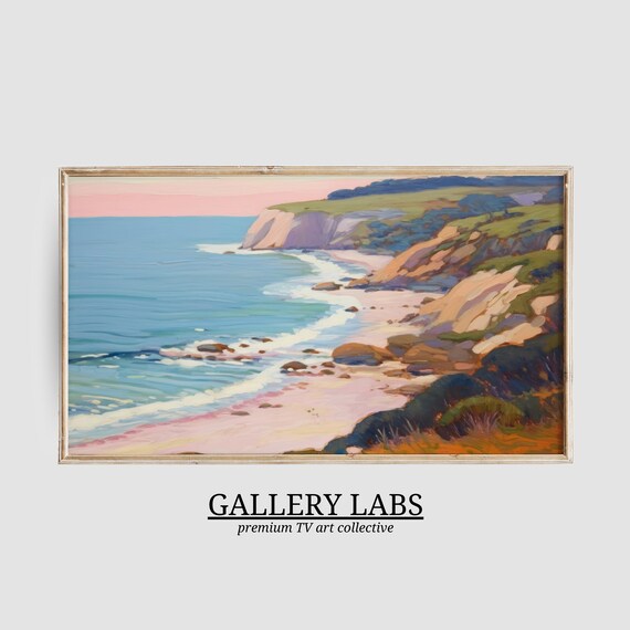 Coastal Cliffs Sunset Pink Sand Beach Turquoise Water Painting Poster
