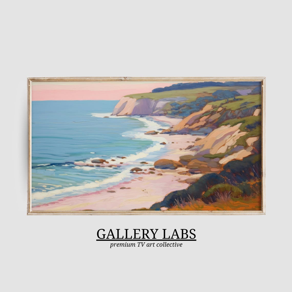 Coastal Cliffs Sunset Pink Sand Beach Turquoise Water Painting Poster