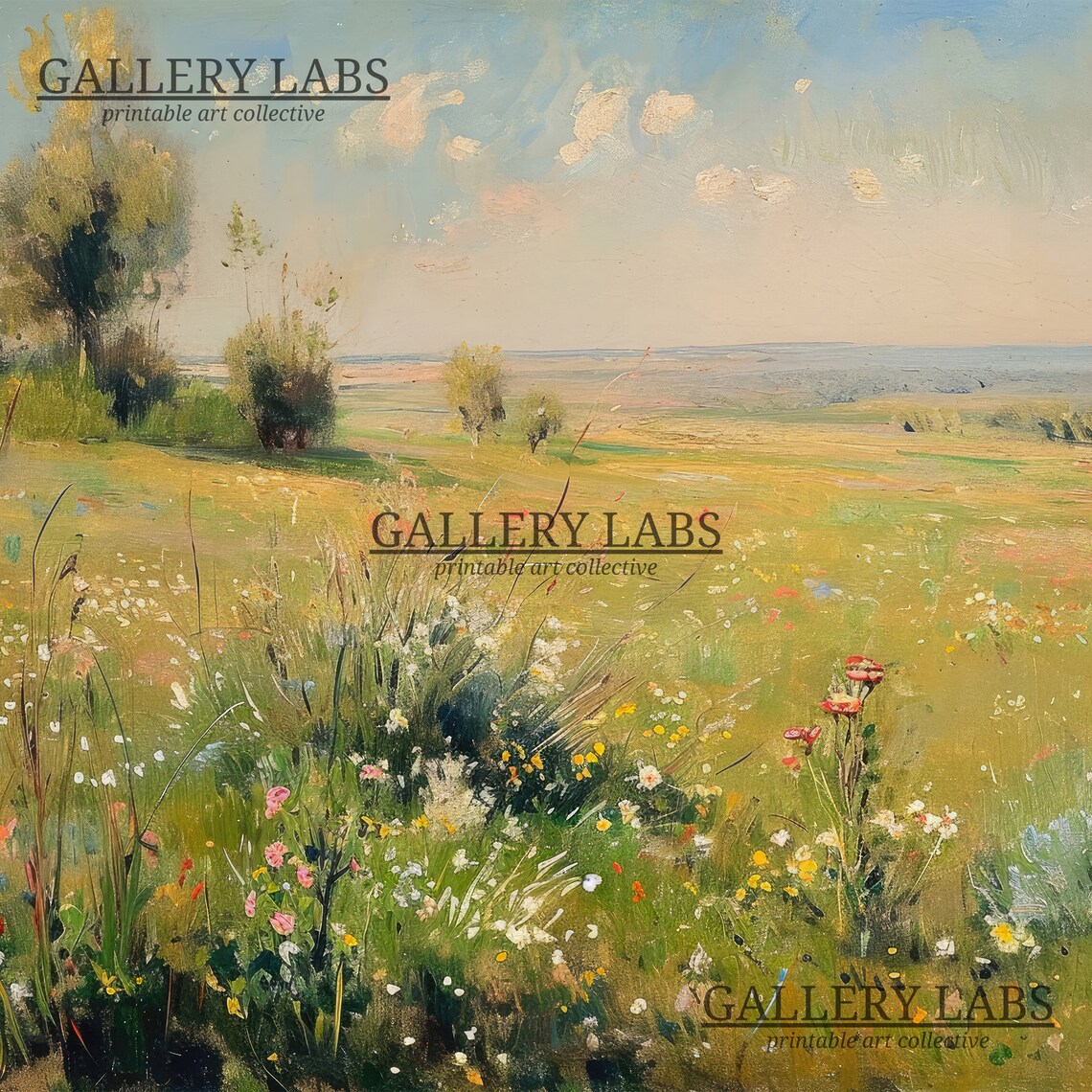 Golden Spring Meadow Wildflowers Pastel Sky Country Art Print - Image 4
