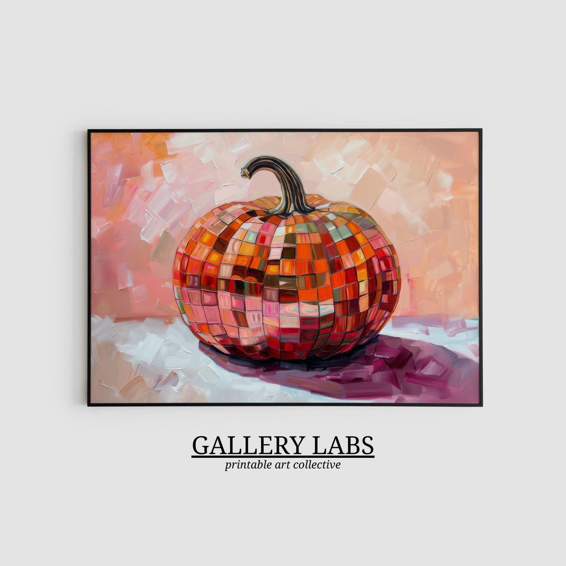 Disco Ball Pumpkin Mosaic Tiles Peach Background Fall Painting Poster - Image 2