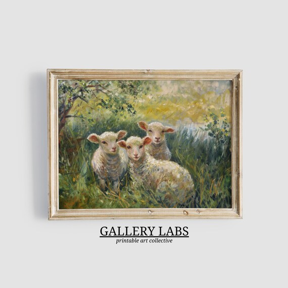 Three Lambs Meadow Impressionist Cute Baby Sheep Pastoral Art Poster