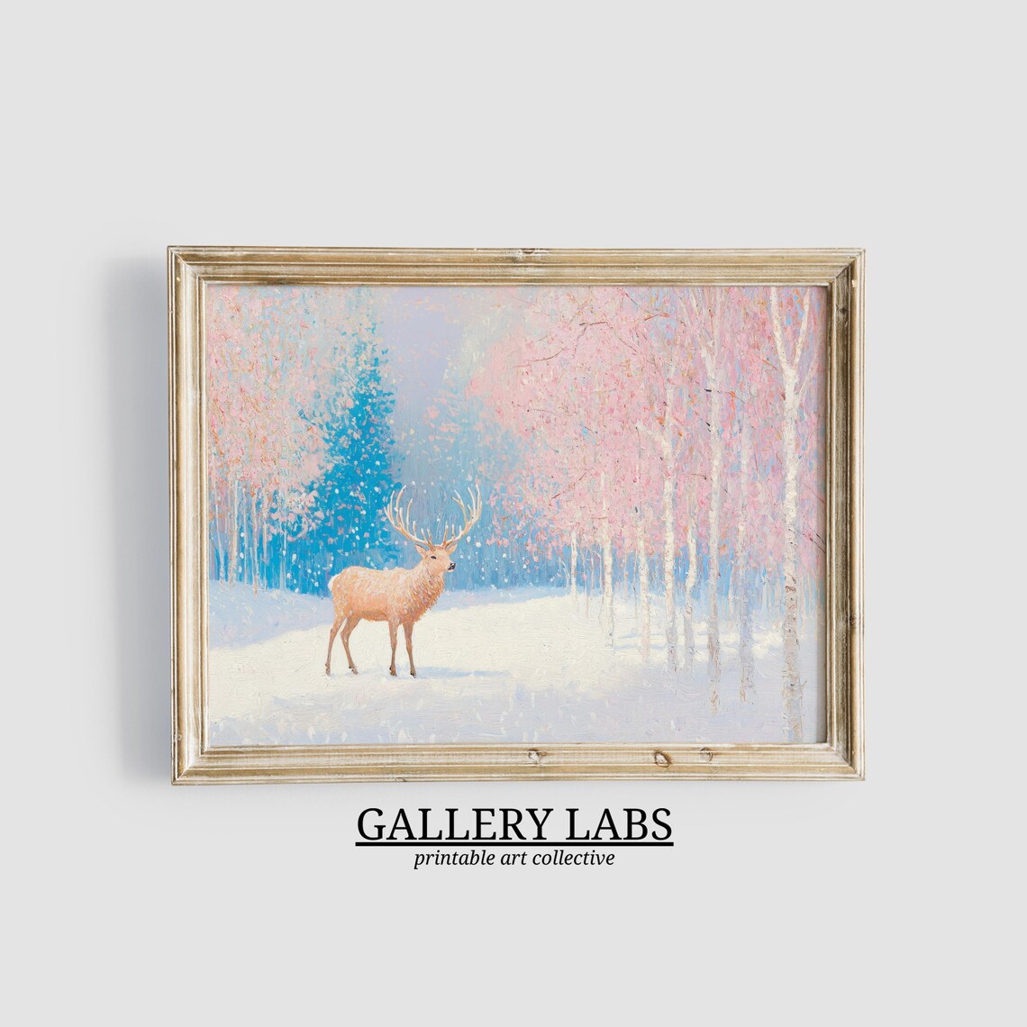 Pink Winter Deer Painting Snowy Forest Stag Christmas Art Poster