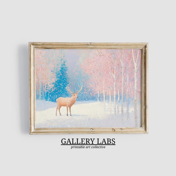 Girly Deer Painting Pink Winter Forest Print Christmas Wall Art Cute Seasonal Decor Christmas Art Nature Wall Art