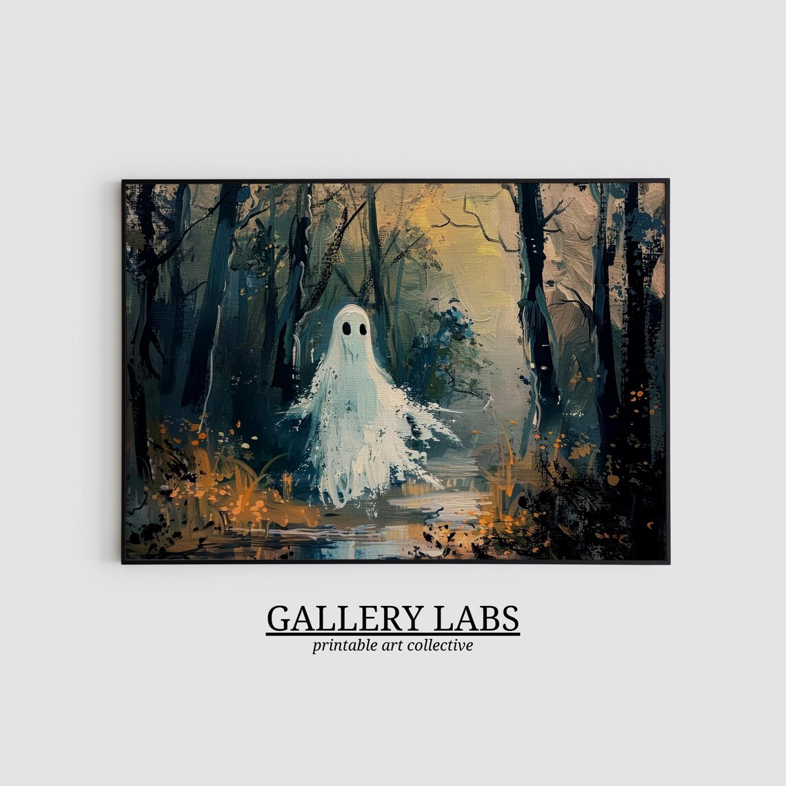 Lone Ghost Drifting in Dark Misty Forest Spooky Halloween Wall Art Print - Image 2