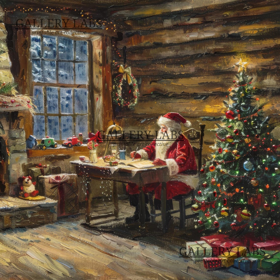 Santa Claus At Desk Log Cabin Fireplace Christmas Tree Scene Poster - Image 4