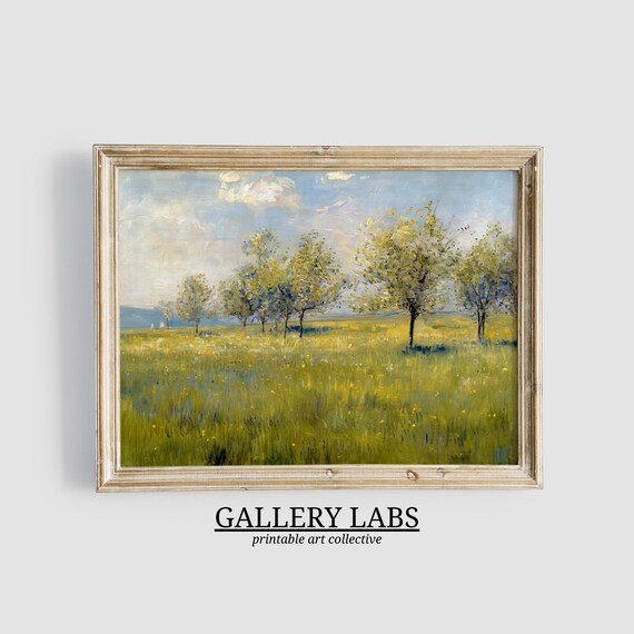 Spring Meadow with Flowering Trees Green Field Landscape Art Print