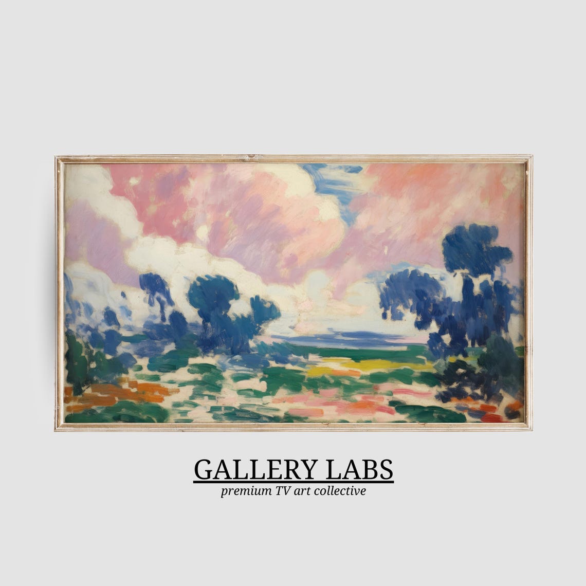 Pink Lavender Clouds Meadow Landscape Painting Framed TV Art Print
