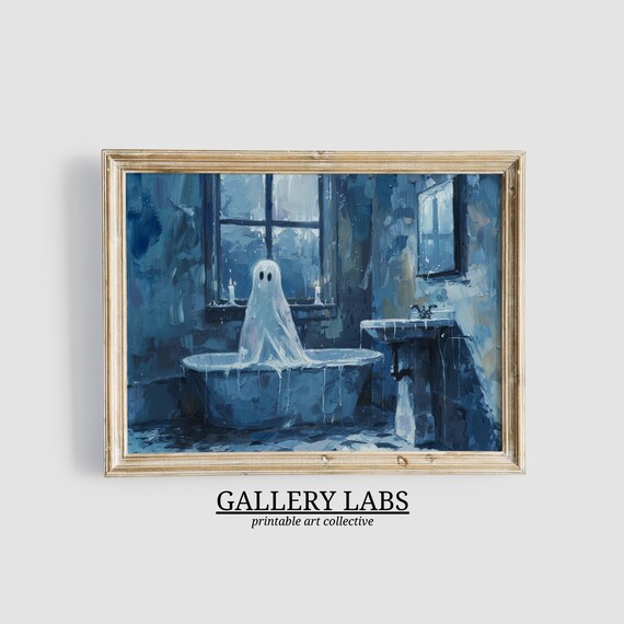 Cute Ghost in Bathtub Blue Bathroom Funny Halloween Wall Art Print