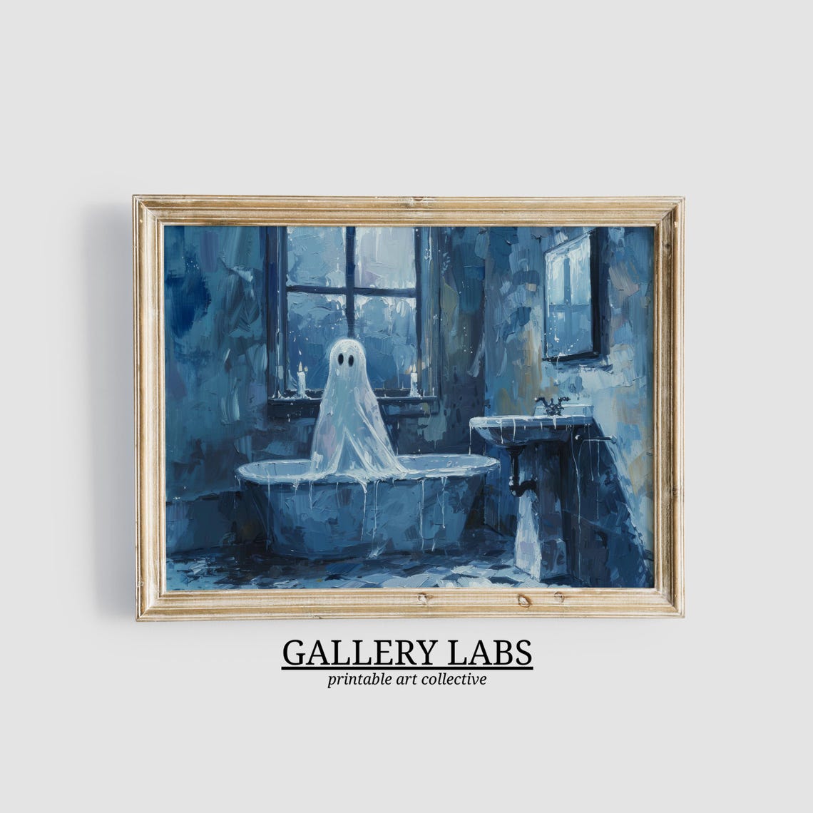 Cute Ghost in Bathtub Blue Bathroom Funny Halloween Wall Art Print
