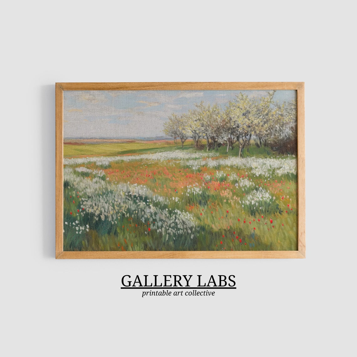 Red Poppy Meadow with Flowering Trees Spring Field Art Print - Image 3