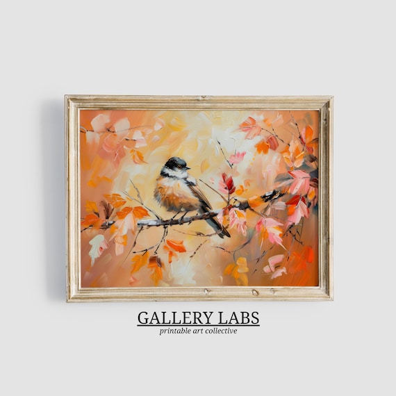 Little Songbird on Branch Autumn Leaves Warm Fall Painting Wall Art