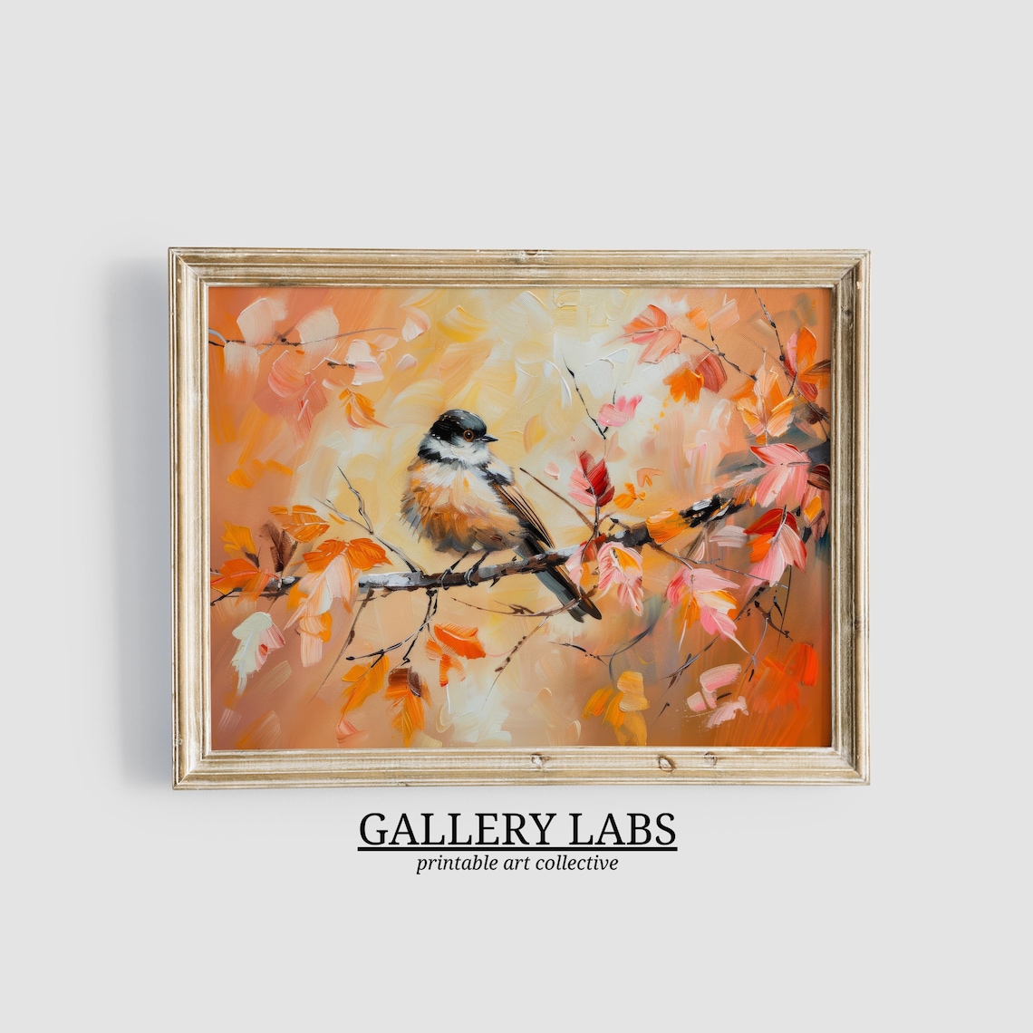 Little Songbird on Branch Autumn Leaves Warm Fall Painting Wall Art