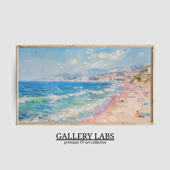 Turquoise Bay Beach Umbrellas Swimmers Mountain Coast Painting Poster