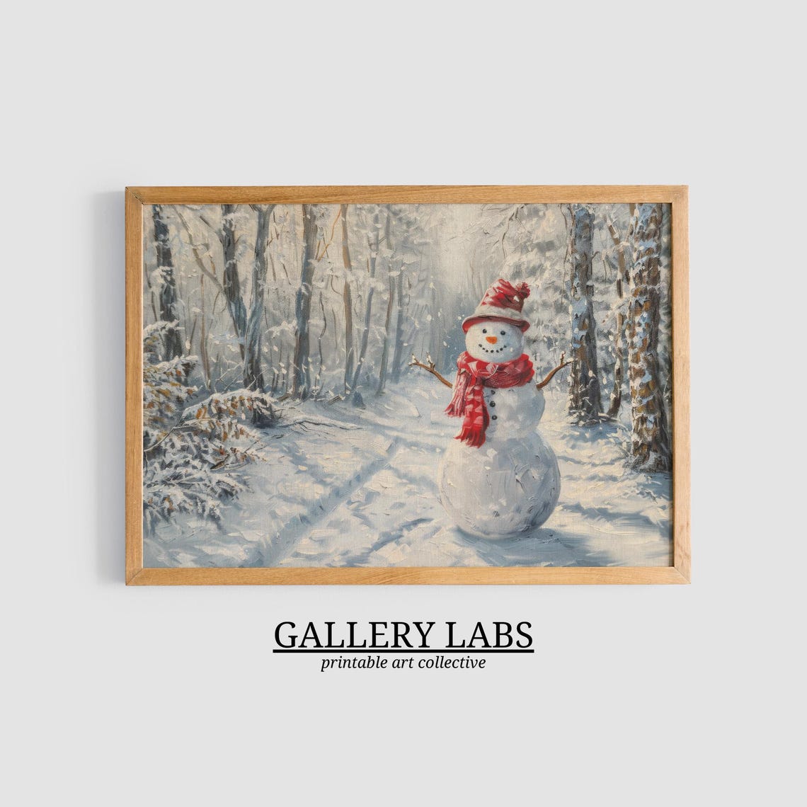 Cheerful Snowman Red Scarf Snowy Forest Winter Christmas Art Poster - Image 3