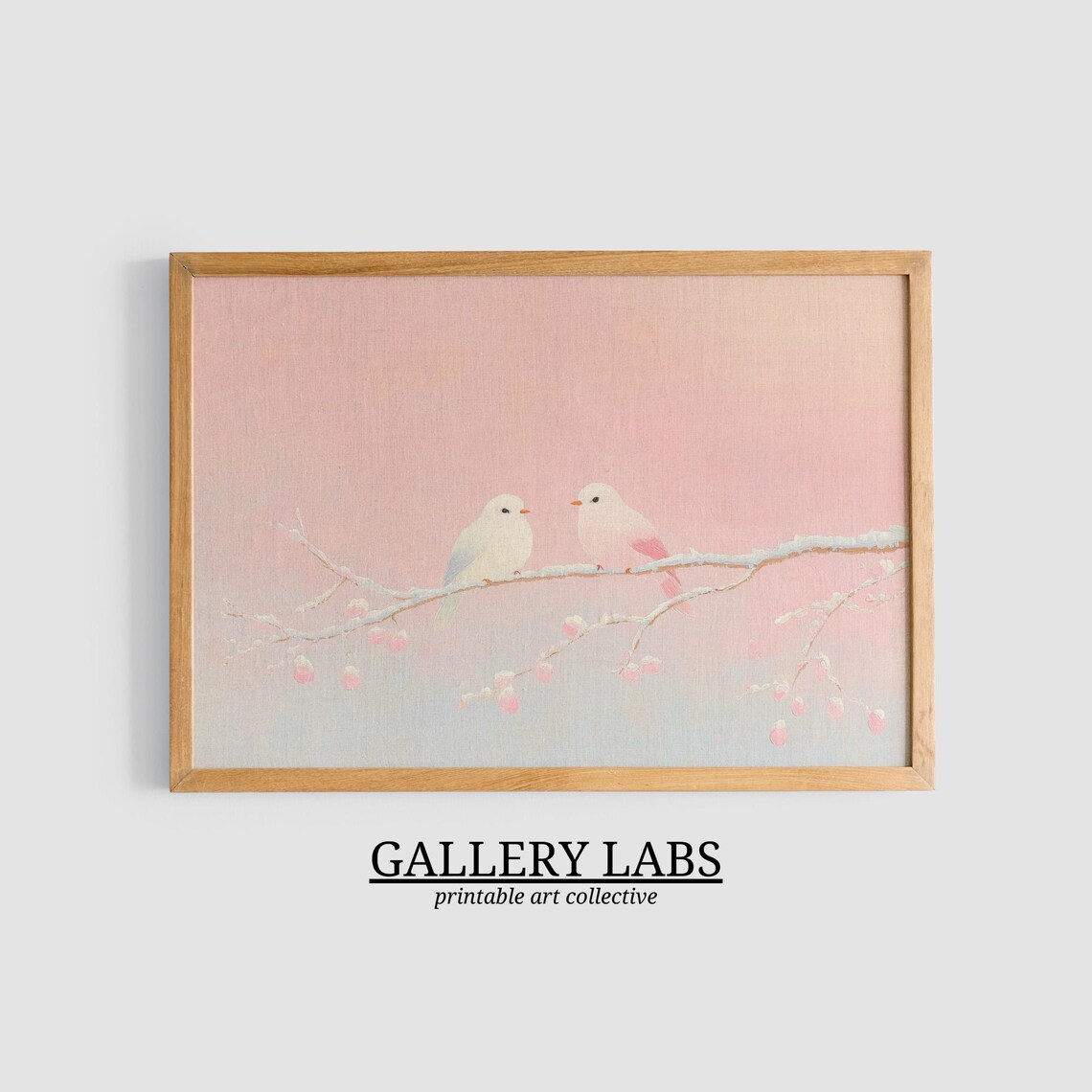 Pink Winter Birds Snowy Branch Pastel Bird Pair Christmas Art Poster - Image 3