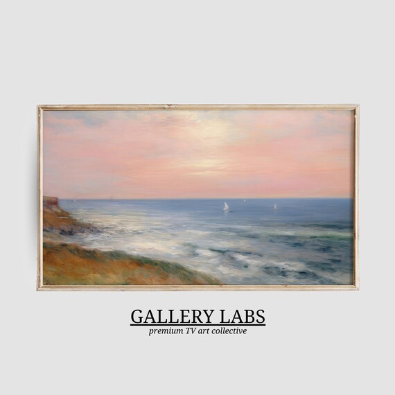 Pink Sunset Calm Sea Sailboats Horizon Golden Cliffs Seascape Poster