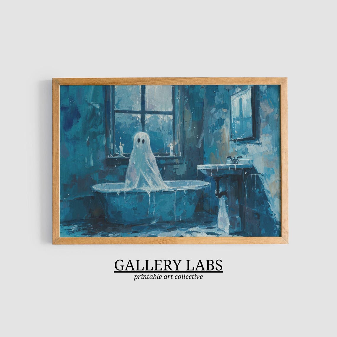 Cute Ghost in Bathtub Blue Bathroom Funny Halloween Wall Art Print - Image 3