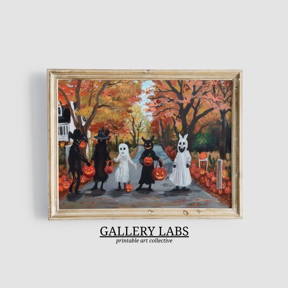 Kids Trick or Treating Costume Parade Pumpkins Autumn Halloween Wall Art Print