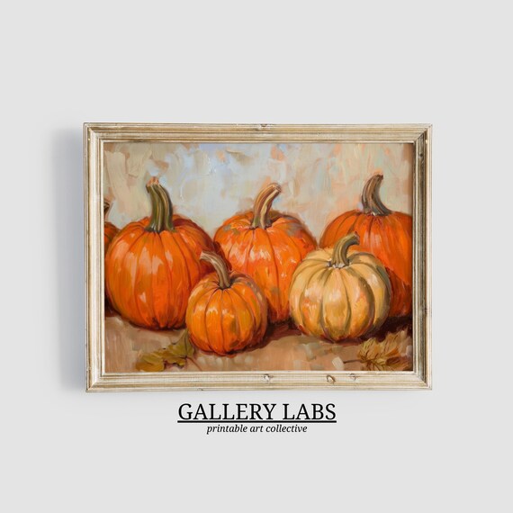 Orange Pumpkins Still Life Harvest Fall Farmhouse Halloween Wall Art Print