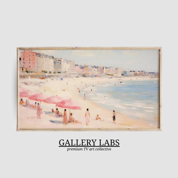 Vintage Beach Umbrellas Painting Pink Seaside Town Coastal Wall Art Poster