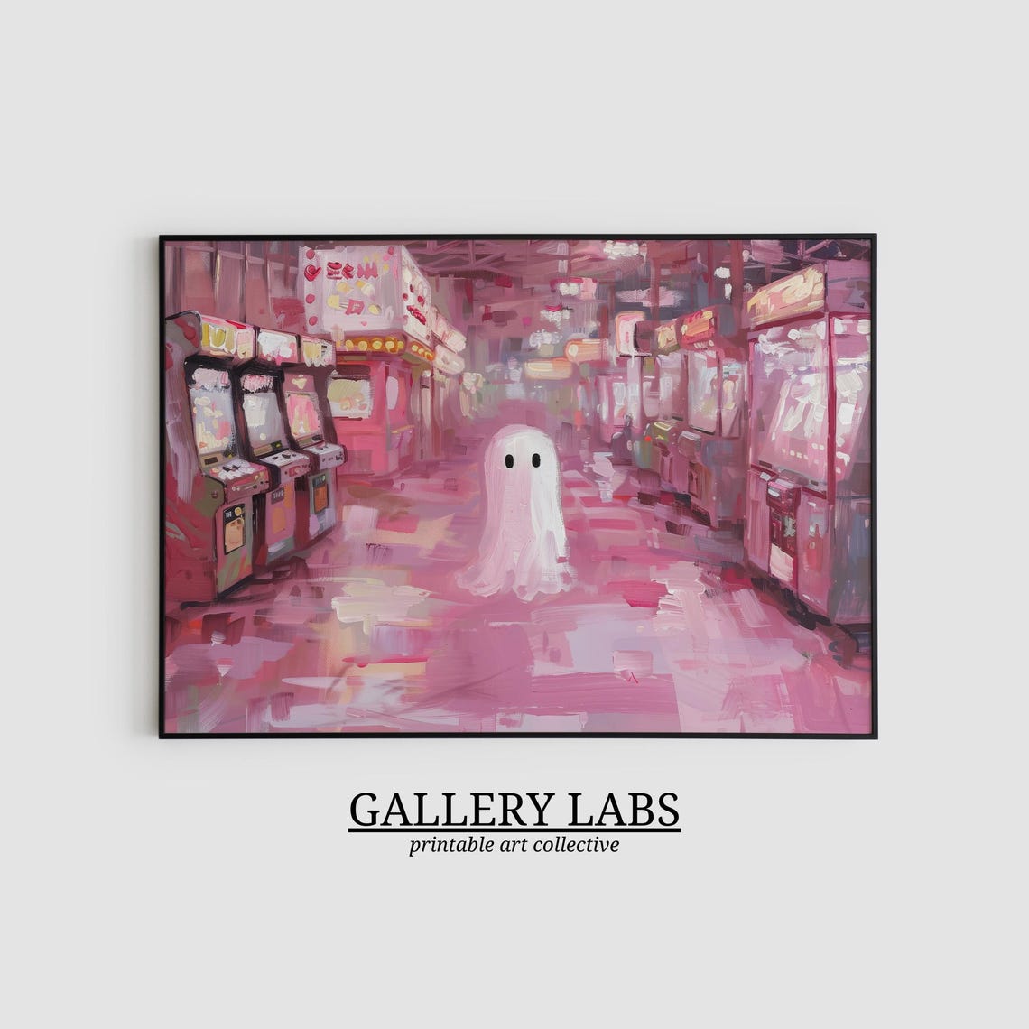 Cute Ghost In Pink Arcade Room Retro Gaming Spooky Painting Poster - Image 2