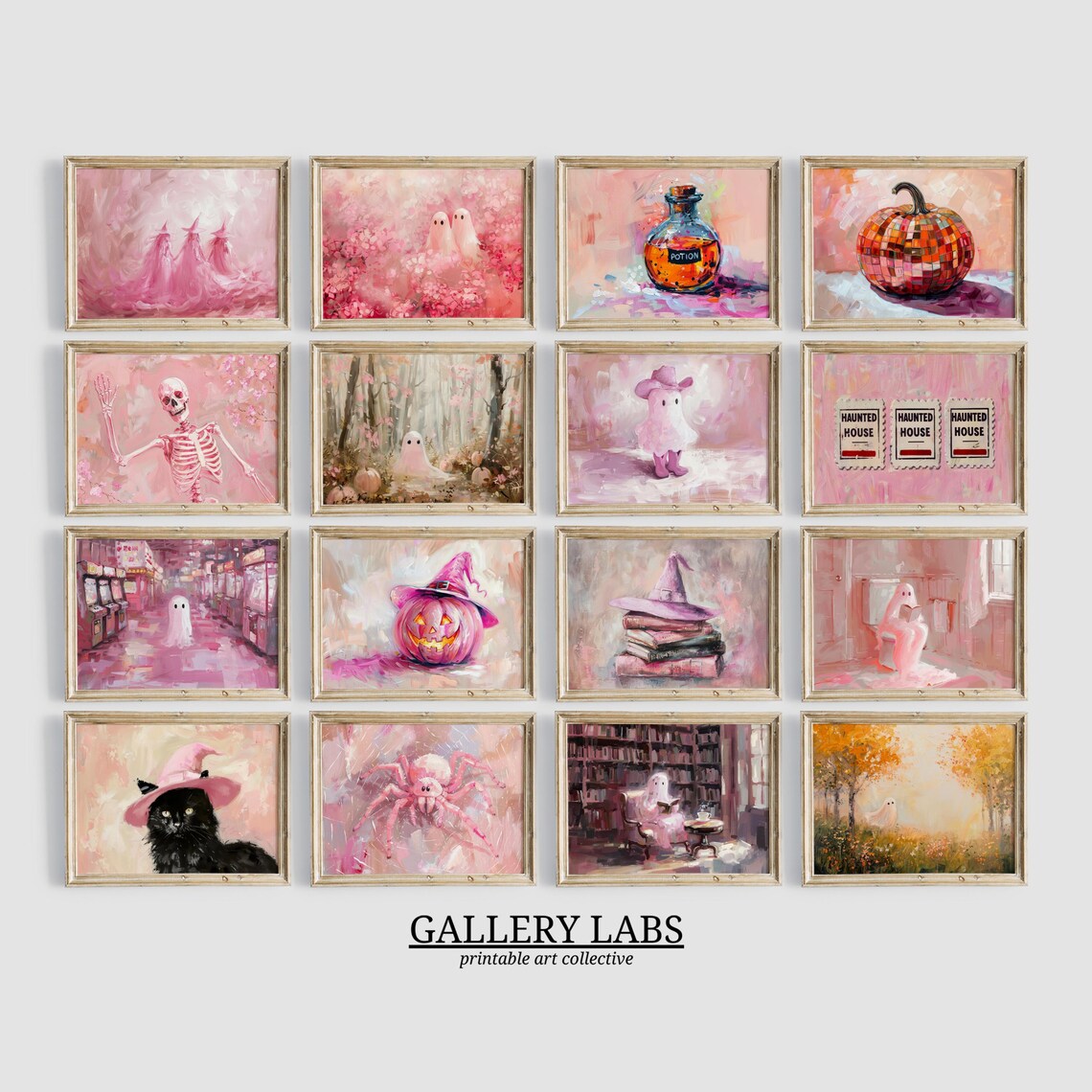 Pink Halloween Prints Set of 16 Cute Ghost Witch Spooky Wall Art