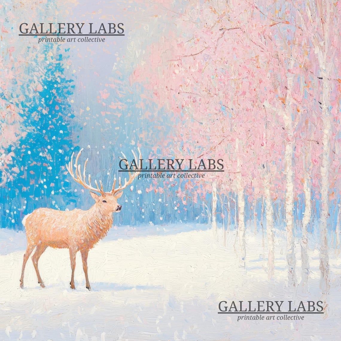 Pink Winter Deer Painting Snowy Forest Stag Christmas Art Poster - Image 4
