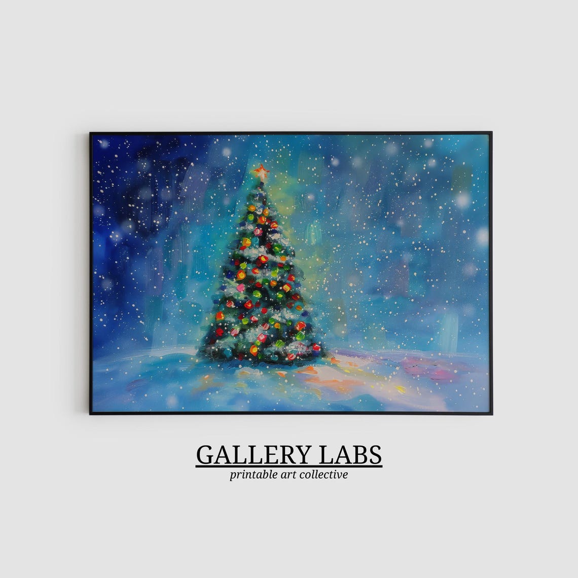 Colorful Christmas Tree Starry Blue Night Sky Snowfall Painting Poster - Image 2