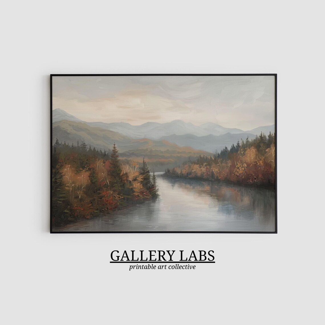 Autumn Pine Lake With Soft Morning Light and Misty Blue Mountain Layers Oil Painting - Image 2