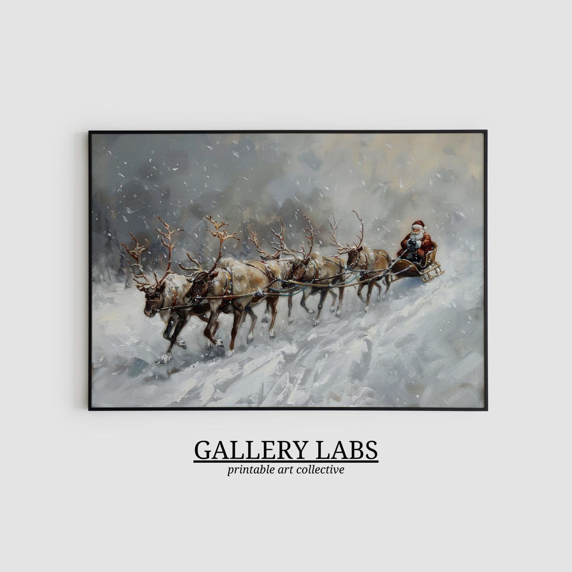 Santa Sleigh Reindeer Team Galloping Through Snowstorm Night Poster - Image 2