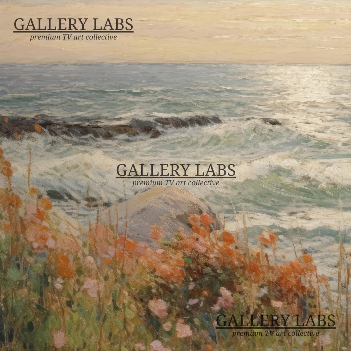 Wildflower Dotted Rocky Shore Rolling Waves Sunrise Seascape Poster - Image 4