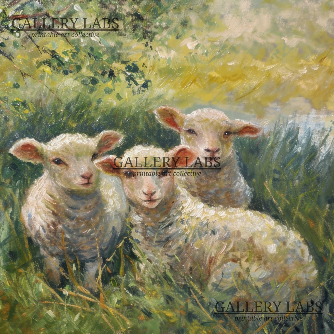 Three Lambs Meadow Impressionist Cute Baby Sheep Pastoral Art Poster - Image 4