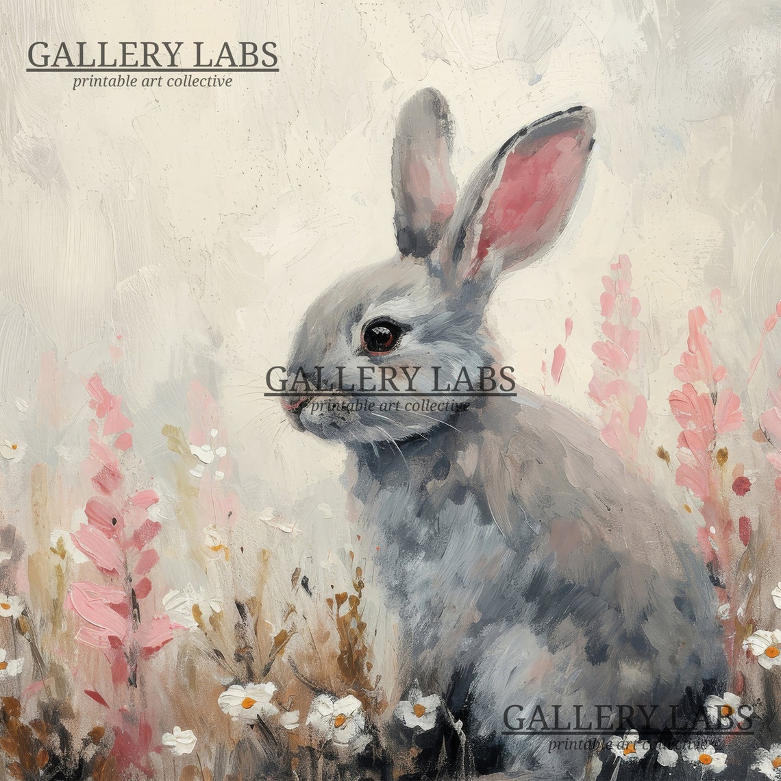 Gray Bunny in Pink Wildflowers Painting Cute Rabbit Meadow Art Print - Image 4
