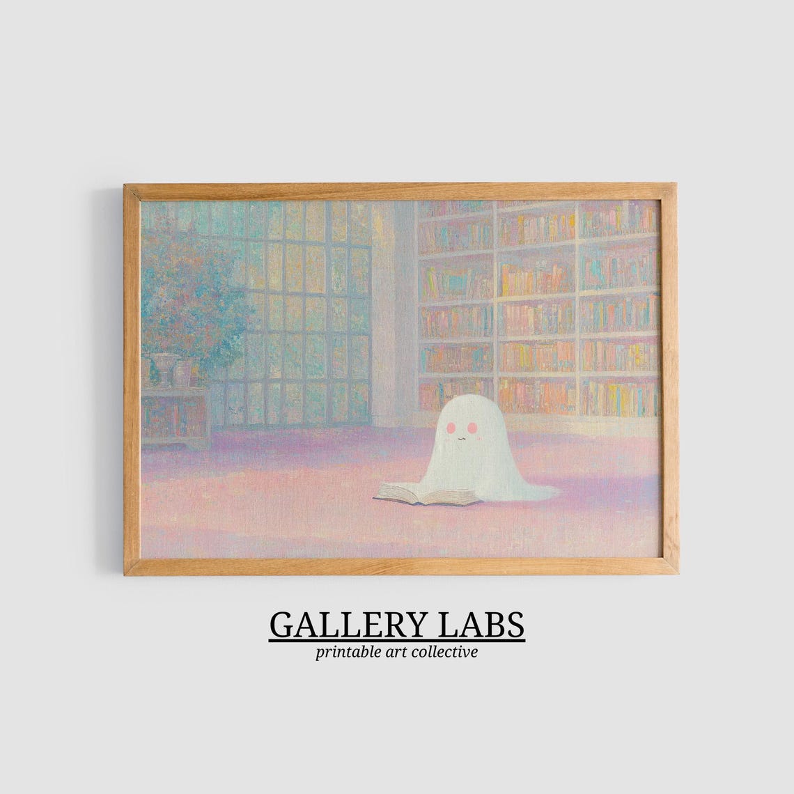Cute Ghost Reading Library Pastel Pink Book Lover Halloween Wall Art - Image 3