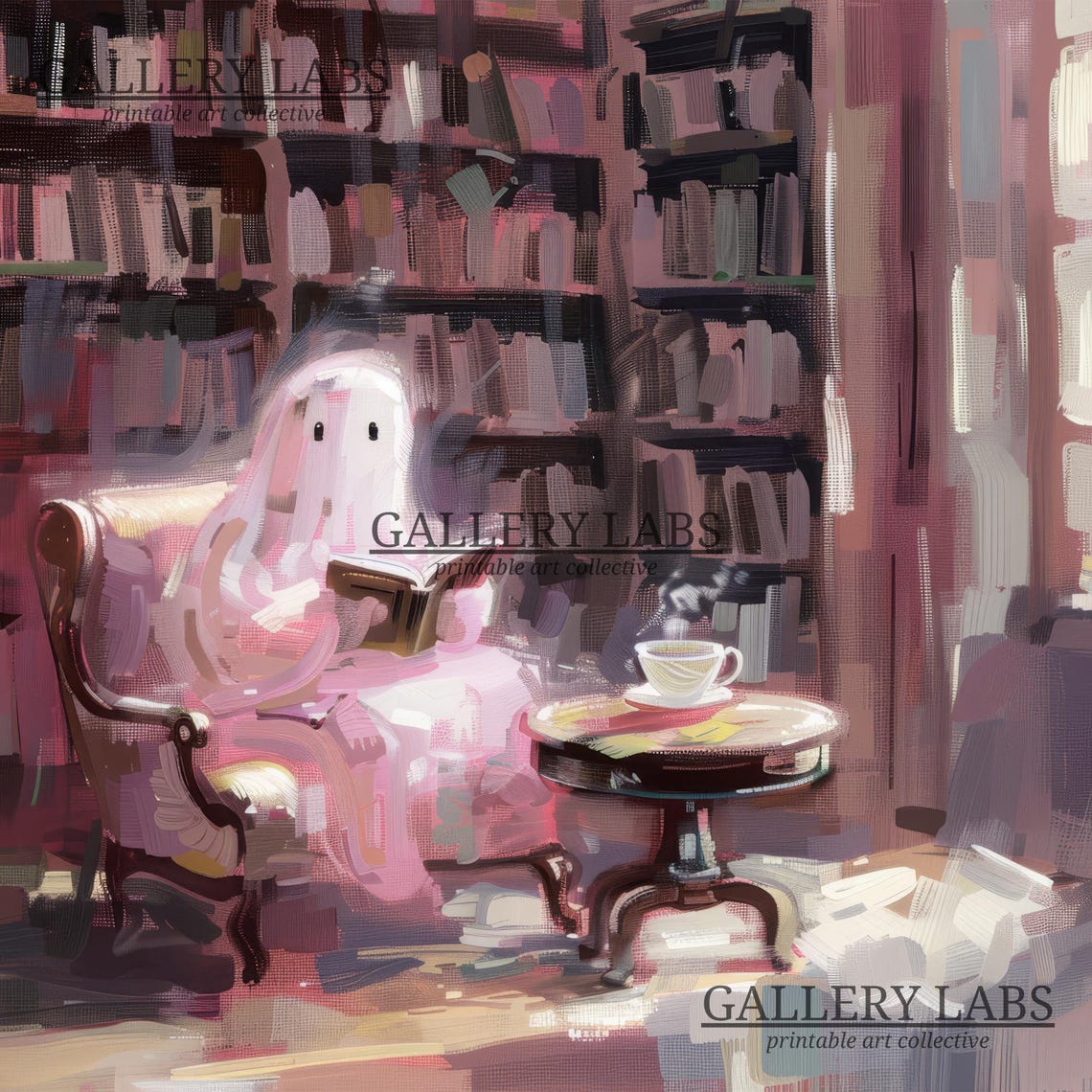 Cute Pink Ghost Reading Book in Cozy Library Halloween Wall Art Print - Image 4