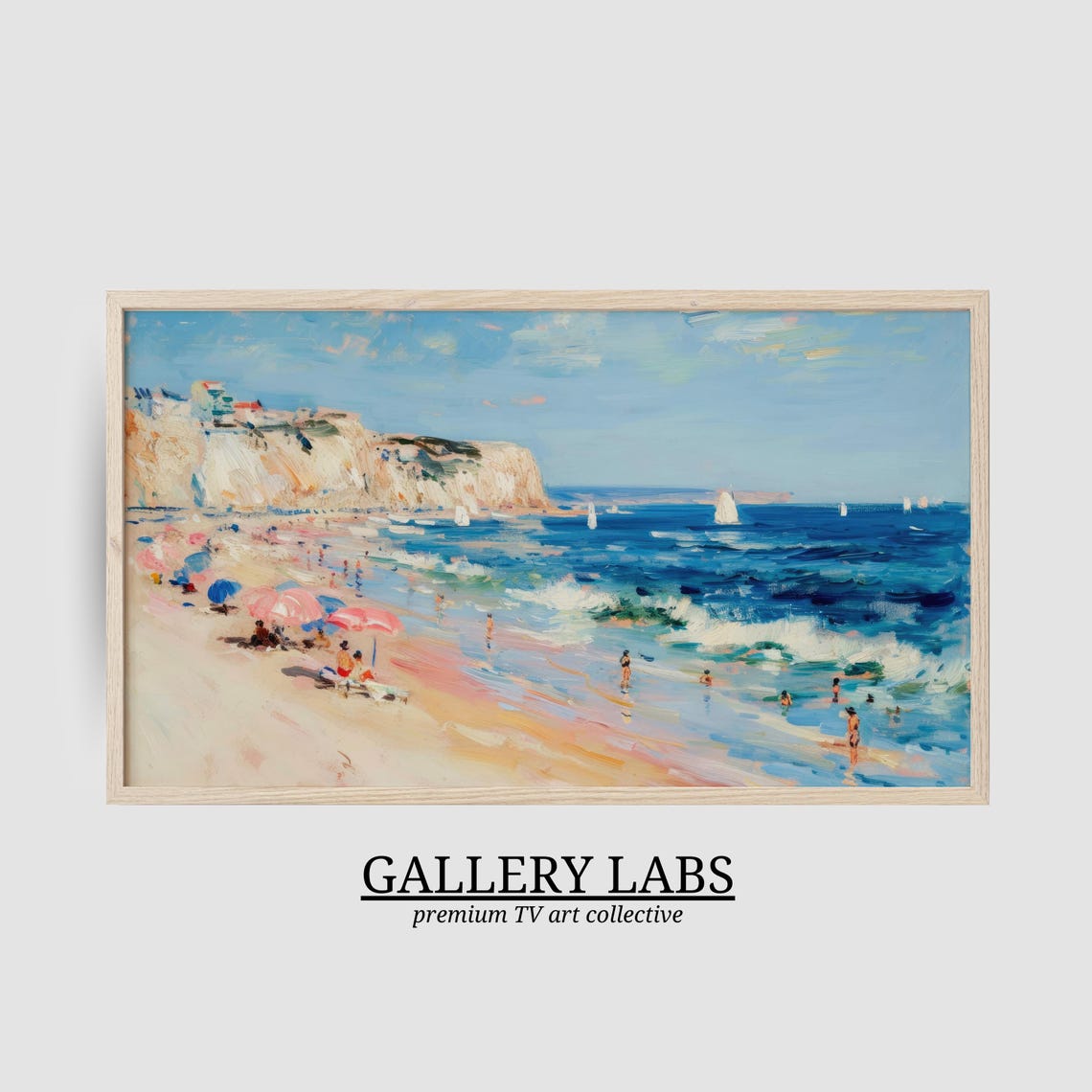 Cliffside Beach White Cliffs Sailboats Swimmers Summer Painting Poster - Image 2