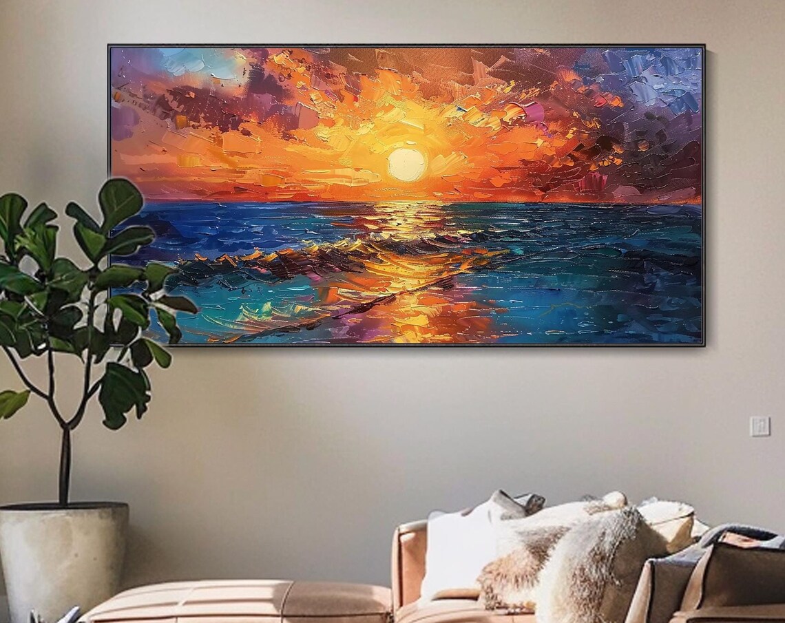 Glowing Sunset Ocean Waves Teal Sea Sailboats Impasto Art Poster