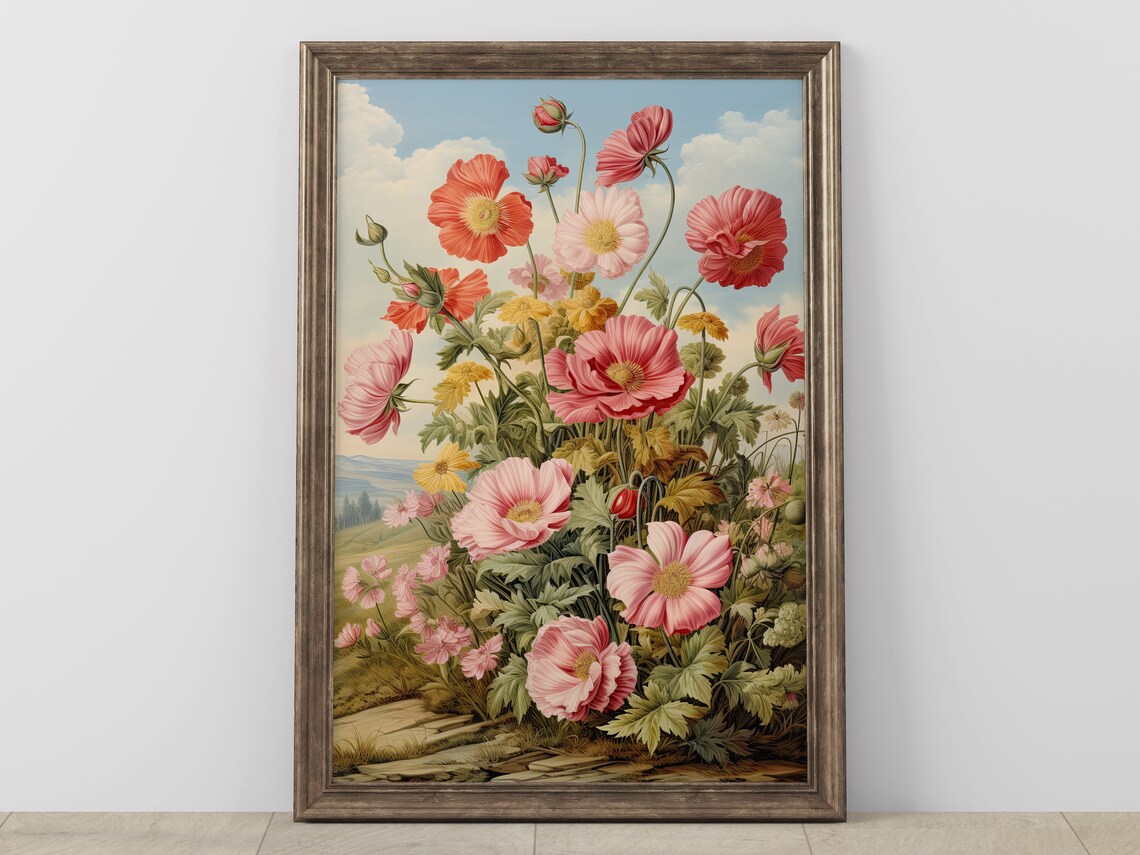 Vintage Poppy Meadow Botanical Flower Illustration Art Poster