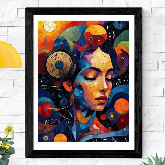 Mosaic Stained Glass Woman with Headphones Music Portrait Poster