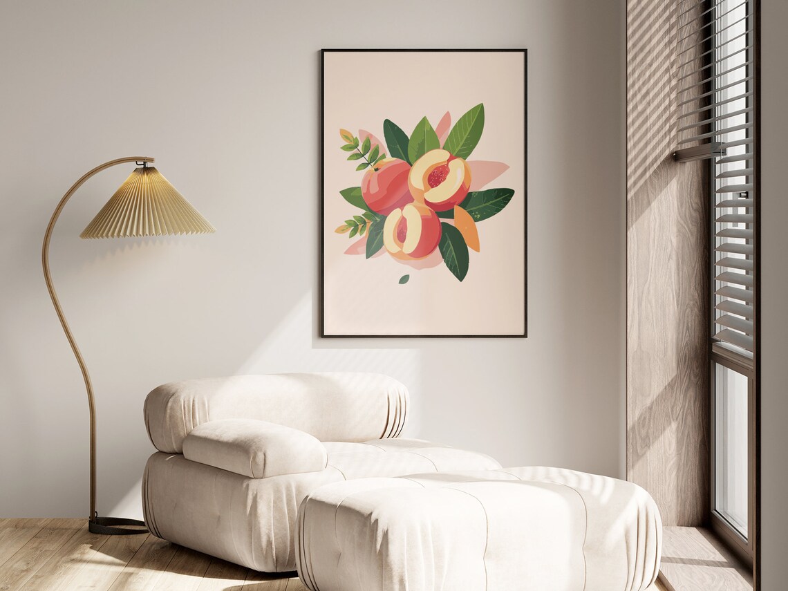 Peach Botanical Illustration Whole Halved Fruit Green Leaves Poster - Image 2