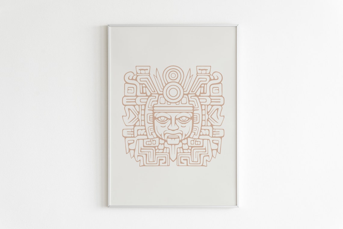 Mayan Glyph Mask Terracotta Line Art Minimalist Ethnic Poster - Image 2
