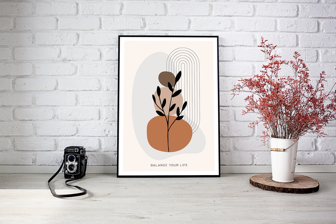 Balance Your Life Botanical Quote Terracotta Black Leaves Poster - Image 2