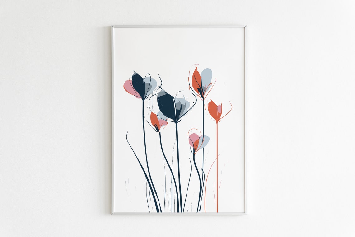 Abstract Coral Navy Floral Watercolor Mid Century Modern Wall Art