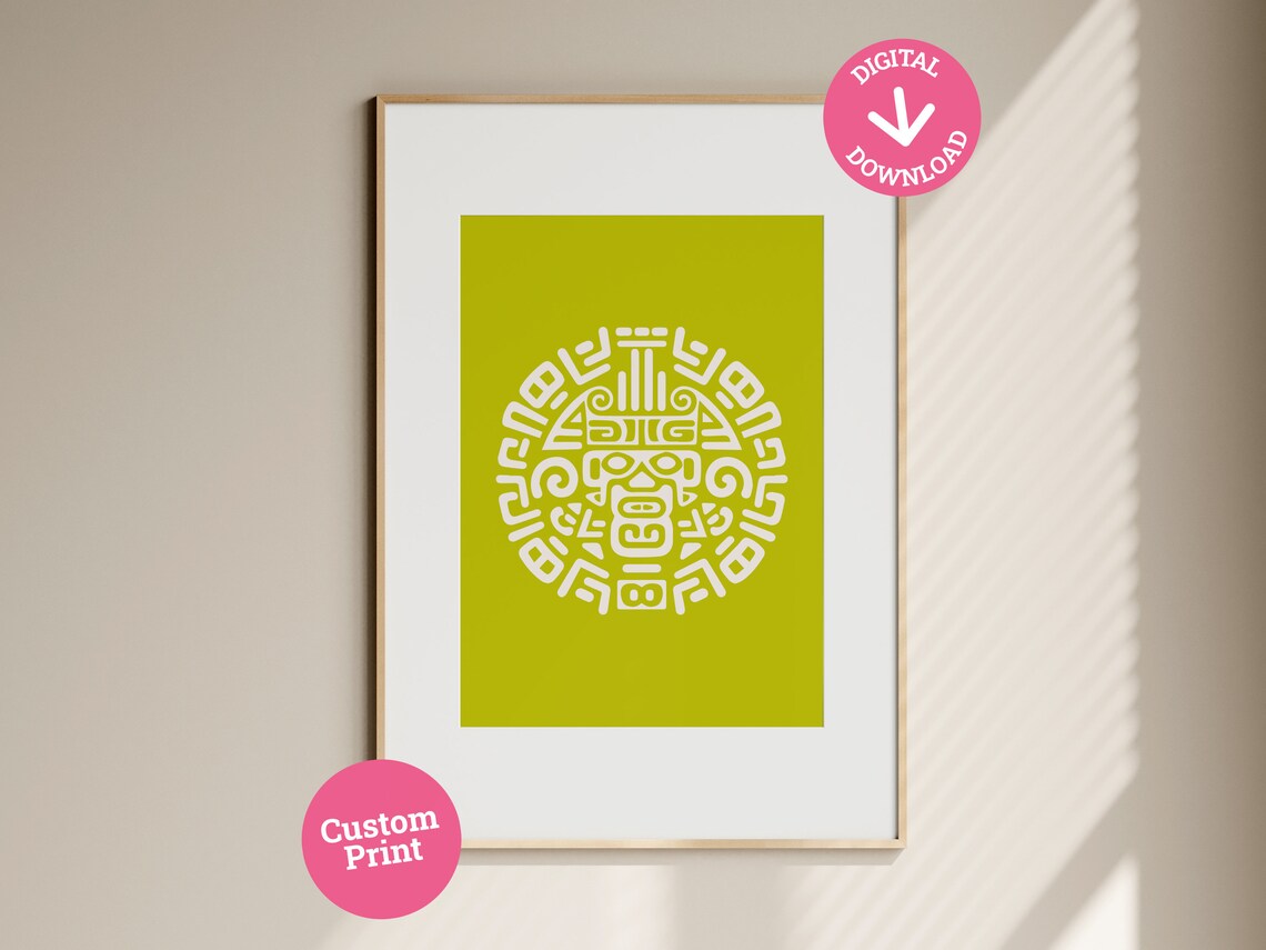 Mayan Glyph Circle White Line Art on Lime Green Custom Art Poster