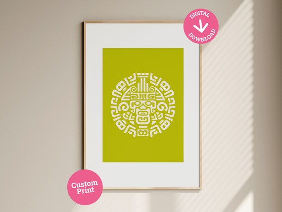 Mayan Glyph Circle White Line Art on Lime Green Custom Art Poster