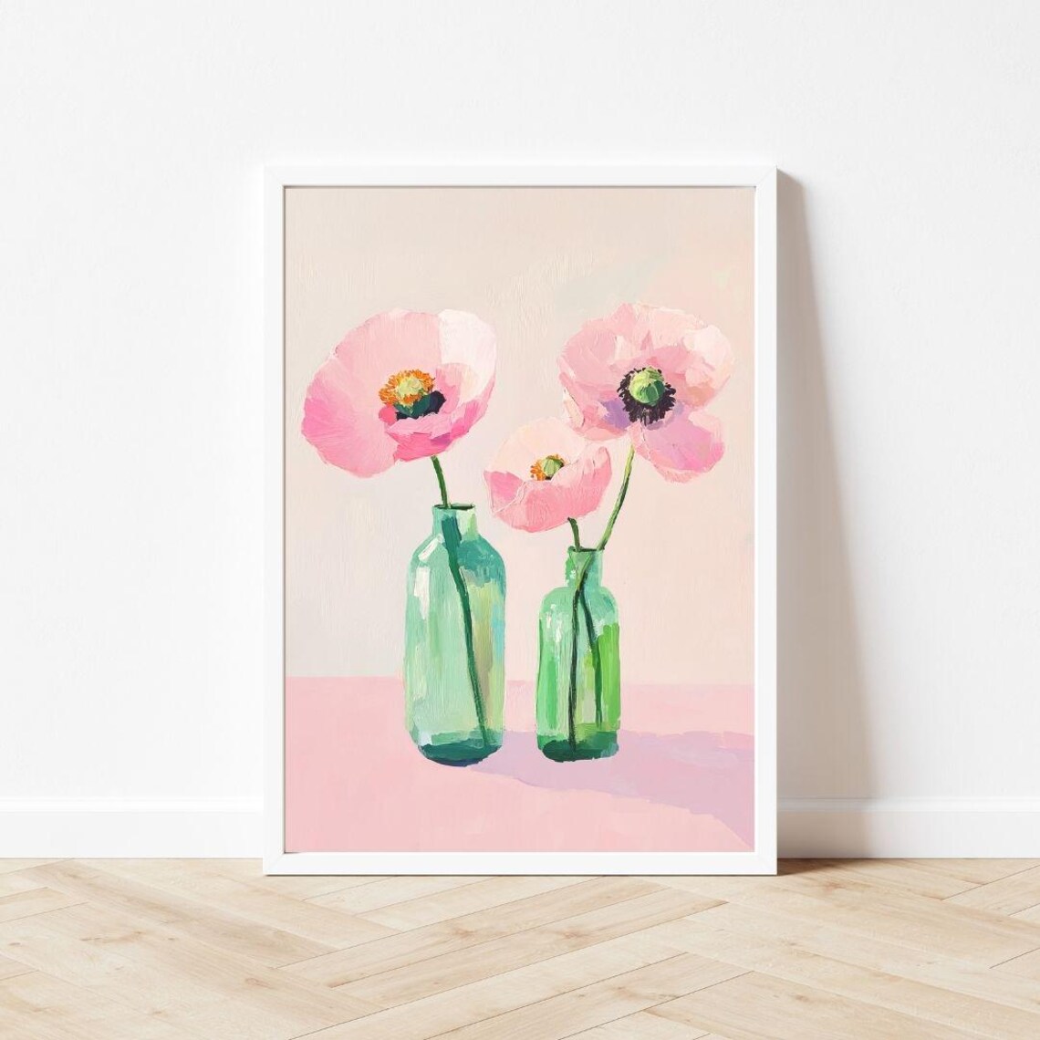 Pink Poppies In Green Glass Jars Minimalist Floral Art Poster - Image 3