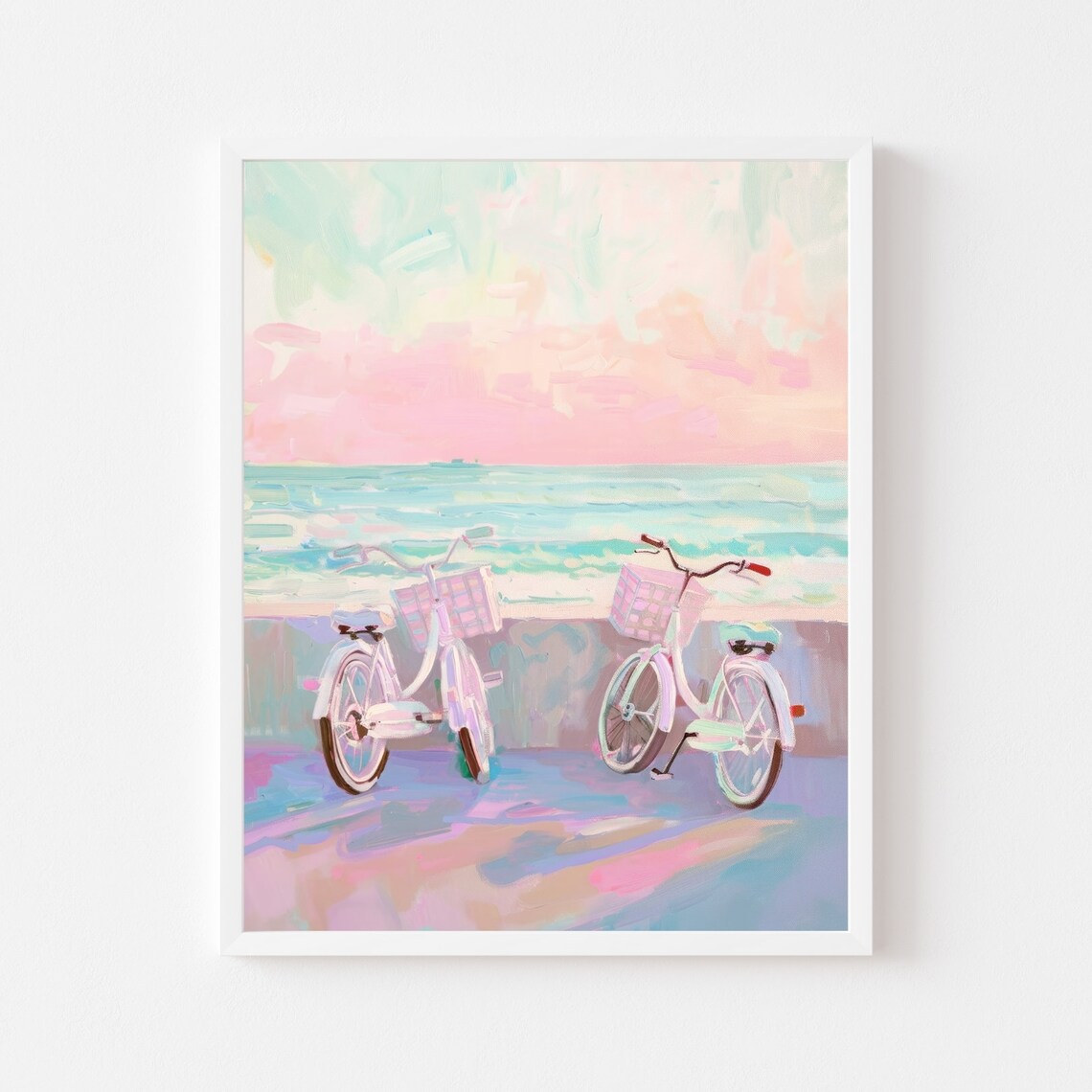 White Beach Cruiser Bikes by the Sea at a Pink Sunset Poster