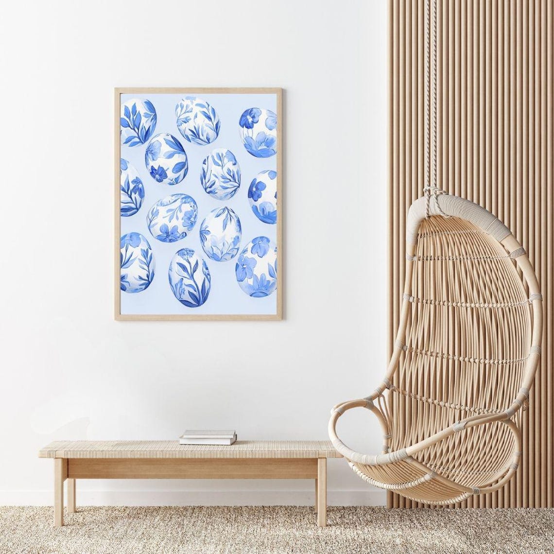 Blue Floral Pattern Easter Eggs Chinoiserie Style Painting Poster - Image 2