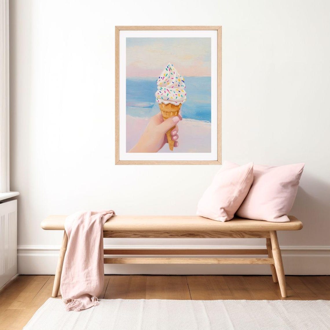 Hand Holding Sprinkle Ice Cream Cone at a Pastel Beach Poster - Image 2